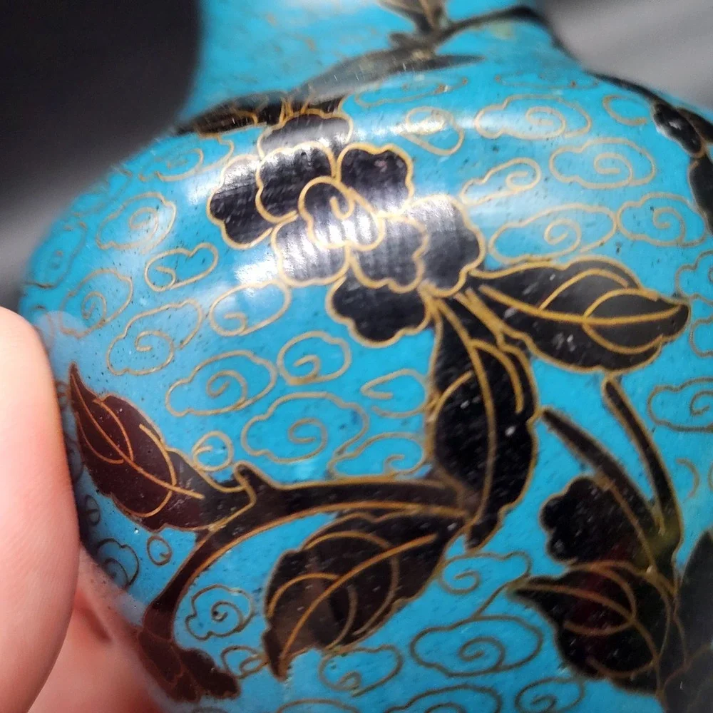 Vintage Pair Cloisonne Enamel Vases Turquoise Blue Black Gold Floral Brass 5